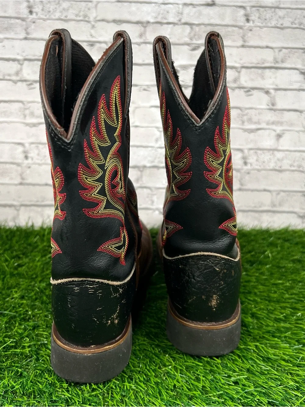 Justin Boots Brown and Black Kids Western Boots with Red & Yellow Stitching